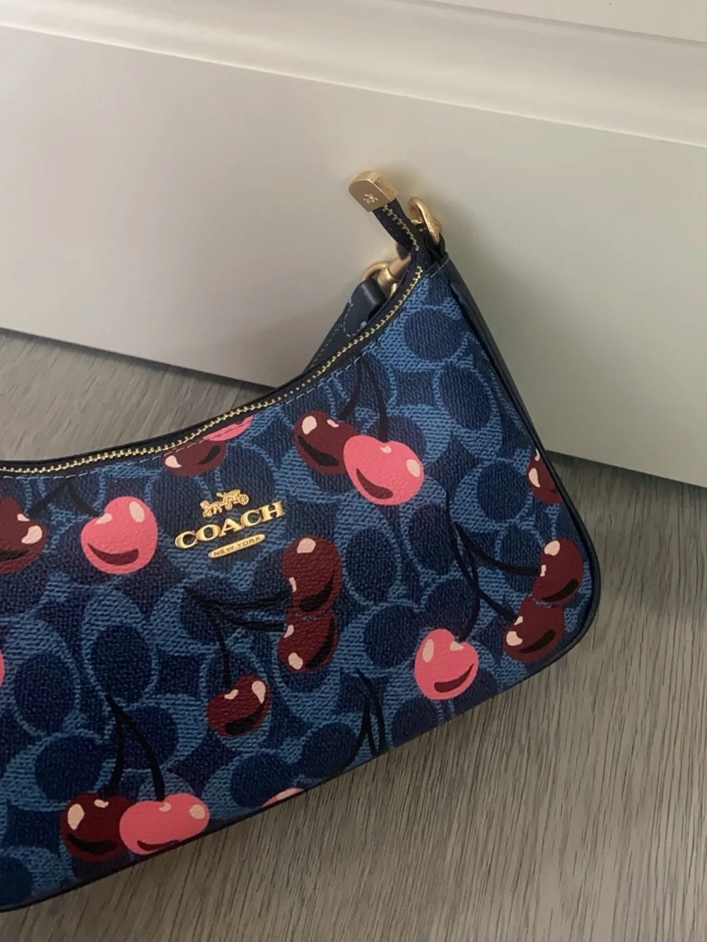 Coach Navy Signature Mini Shoulder Bag with Pink Accents